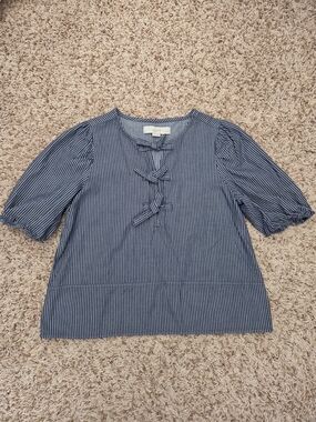 LOFT Blue Stripe Bow-Front Puff Sleeve Top